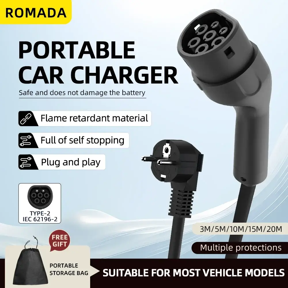 Portable 3.5kW CCS2 EV Charger 16A | Type 2 IEC62196 Home & Travel Charging Station with 3–20M Cable | EU Plug Wallbox Adapter for Electric Cars